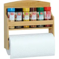 Kesper FSC Houten Kruidenrek & Keukenrolhouder - Muur / wand montage - 2in1 Keuken Rol houder & Kruiden Organizer INCLUSIEF 6x Gevulde Kruiden potjes