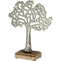 Cepewa Decoratie levensboom van aluminium op houten voet 30 cm zilver - Beeldjes