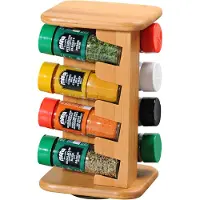 Kesper Roterend Kruidenrek met 8 Gevulde glazen kruiden potjes - Kruidenpotjes Kruidenorganizer - FSC Bamboe Hout - Afm. 15 x 13 x 25.5 Cm.