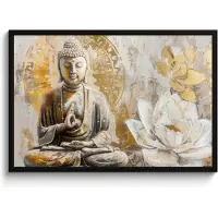 PosterMonkey Poster in lijst - Fotolijst 90x60 cm - Posters - Boeddha - Bloem - Lotus - Wit - Goud - Zen - Posterlijst zwart - Decoratie - Wanddecoratie woonkamer - Muurdecoratie slaapkamer