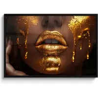 PosterMonkey Poster in lijst - Fotolijst 120x80 cm - Posters - Vrouw - Goud - Gezicht - Verf - Lippen - Posterlijst zwart - Decoratie - Wanddecoratie woonkamer - Muurdecoratie slaapkamer