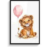 PosterMonkey Poster in lijst - Fotolijst 80x120 cm - Posters - Leeuw - Baby dier - Dieren - Roze ballon - Posterlijst zwart - Kamer decoratie - Wanddecoratie kinderkamer - Muurdecoratie babykamer