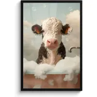 PosterMonkey Poster in lijst - Fotolijst 60x90 cm - Posters - Kalf - Koe - Bad - Schuim - Dieren - Posterlijst zwart - Wanddecoratie badkamer - Muurdecoratie WC - Decoratieve accessoires - Toilet muur decoratie