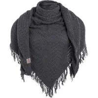 Knit Factory Amber Gebreide Omslagdoek - Driehoek Sjaal Dames - Dames sjaal - Wintersjaal - Stola - Wollen sjaal - Donkergrijze wintersjaal - Antraciet - 190x85 cm - Sjaal met franje