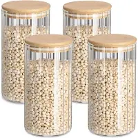 Zeller Voorraad/bewaar pot Grooves - 4x - hard glas - transparant - 800 ml - bamboe deksel - luchtdicht