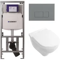 Villeroy & Boch O.novo Toiletset - Geberit inbouwreservoir - diepspoel wandcloset - softclose - bedieningsplaat bedieningsplaat licht grijs - rechthoekige knoppen - wit