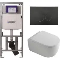 Geberit QeramiQ Dely Swirl Toiletset - 36.3x51.7cm - diepspoel - rimless - UP320 inbouwreservoir - 35mm zitting - mat zwarte metalen bedieningsplaat - ronde knoppen - wit mat