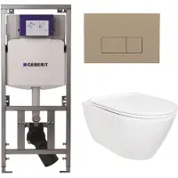 Geberit QeramiQ Salina Toiletset - rimless - inbouwreservoir - diepspoel wandcloset - softclose - quickrelease - bedieningspaneel - met bedieningsplaat taupe - rechthoekige knoppen - wit glans