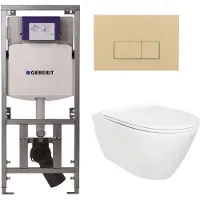 Geberit QeramiQ Salina Toiletset - rimless - inbouwreservoir - diepspoel wandcloset - softclose - quickrelease - beige bedieningspaneel - rechthoekige knoppen - wit glans