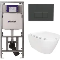 Geberit QeramiQ Salina Toiletset - rimless - inbouwreservoir - diepspoel wandcloset - softclose - quickrelease - bedieningspaneel met bedieningsplaat antraciet mat - rechthoekige knoppen - glans wit