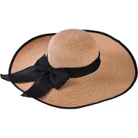 Decopatent - Zonnehoed Dames - Met Elegante Zwarte Strik - Zomerhoed - Strohoed UV - Strandhoed Hoofddeksel met Brede rand - Hoed voor Volwassenen - Kleur: Bruin