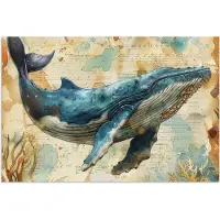 PosterMonkey Poster 30x20 cm - Vintage - Walvis - Watercolor - Blauw - Zeedieren - Posters - Wanddecoratie badkamer - Muurdecoratie WC - Decoratieve accessoires - Toilet muur decoratie