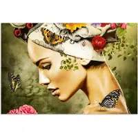 PosterMonkey Poster 90x60 cm - Vrouw - Bloemen - Kleuren - Vlinders - Rozen - Hoofddoek - Posters - Kamer decoratie - Wanddecoratie woonkamer - Muurdecoratie slaapkamer