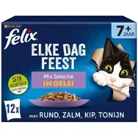 Felix 5x Elke Dag Feest 7+ Senior Mix Selectie - Kattenvoer Natvoer - Zalm tonijn Kip & Rund - 12 x 85 g