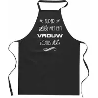 Mijncadeautje Super blij met - Vrouw - keukenschort - kookschort - BBQ schort - 100% katoen - leeftijd - geboortejaar - verjaardag en feest - cadeau - kado - unisex - zwart