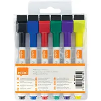 Nobo Geurarme Mini Whiteboard Markers met Wisser - 6 Stuks Assorti kleur - Fijne Punt van 2 Millimeter