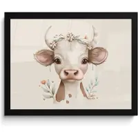 PosterMonkey Poster in lijst - Fotolijst 40x30 cm - Posters - Koe - Bohemian - Kalfje - Bloemen - Posterlijst zwart - Kamer decoratie - Wanddecoratie kinderkamer - Muurdecoratie babykamer