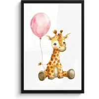 PosterMonkey Poster in lijst - Fotolijst 40x60 cm - Posters - Giraf - Baby - Dieren - Roze ballon - Posterlijst zwart - Kamer decoratie - Wanddecoratie kinderkamer - Muurdecoratie babykamer
