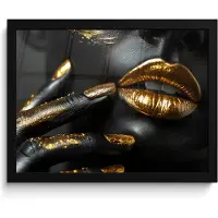 PosterMonkey Poster in lijst - Fotolijst 40x30 cm - Posters - Lippen - Goud - Abstract - Zwart - Vrouw - Posterlijst zwart - Decoratie - Wanddecoratie woonkamer - Muurdecoratie slaapkamer