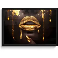 PosterMonkey Poster in lijst - Fotolijst 60x40 cm - Posters - Gouden lippen - Gezicht - Vrouw - Modern - Posterlijst zwart - Decoratie - Wanddecoratie woonkamer - Muurdecoratie slaapkamer