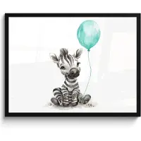 PosterMonkey Poster in lijst - Fotolijst 80x60 cm - Posters - Zebra - Baby dier - Blauwe ballon - Posterlijst zwart - Kamer decoratie - Wanddecoratie kinderkamer - Muurdecoratie babykamer