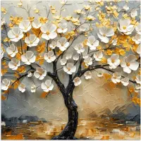 PosterMonkey Poster 75x75 cm - Boom - Bloemen - Goud - Beige - Posters - Kamer decoratie - Wanddecoratie woonkamer - Muurdecoratie slaapkamer