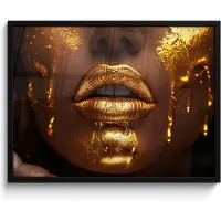 PosterMonkey Poster in lijst - Fotolijst 80x60 cm - Posters - Vrouw - Goud - Gezicht - Verf - Lippen - Posterlijst zwart - Decoratie - Wanddecoratie woonkamer - Muurdecoratie slaapkamer