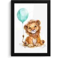PosterMonkey Poster in lijst - Fotolijst 20x30 cm - Posters - Leeuw - Baby dier - Blauwe ballon - Posterlijst zwart - Kamer decoratie - Wanddecoratie kinderkamer - Muurdecoratie babykamer