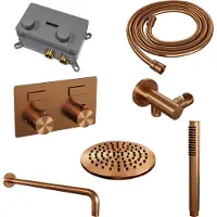 Brauer Copper Edition thermostatische inbouw regendouche met drukknoppen SET 51 met 20 cm douchekop en gebogen muurarm en staaf handdouche en doucheslang en wandaansluitbocht koper geborsteld PVD