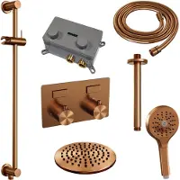 Brauer Copper Edition thermostatische inbouw regendouche met drukknoppen SET 71 met 20 cm douchekop en plafondarm en 3-standen handdouche en doucheslang en geïntegreerde glijstang koper geborsteld PVD