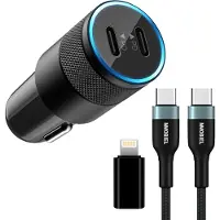 MMOBIEL 2 poort Autolader 40W met USB-C Kabel en Lightning Adapter Geschikt voor Smartphones / Tablets - Telefoon Oplader - Snellader - Zwart