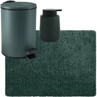MSV badkamer droogloop tapijt langharig 50x70 cm - pedaalemmer 3L - zeeppompje 300 ml - donkergroen - Badmatjes