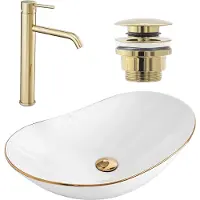 REA Royal Opzetwastafel White Wit + Wastafelkraan Lungo High Goud + Kurk Goud