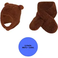 Sarlini - Baby Sjaal & Muts - Set - Teddy Wol - 6-12 Maanden - Midden Bruin