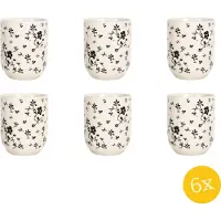 Clayre & Eef Mok set van 6 stuks 100 ml Wit Zwart Porselein Rond Bloemen Theemok