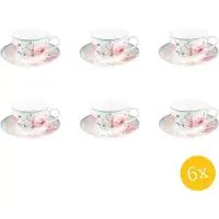 Clayre & Eef Kop en schotel set van 6 stuks schotel 230 ml Wit Roze Porselein Bloemen Servies