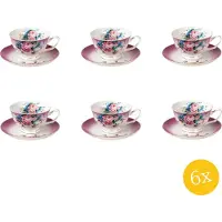 Clayre & Eef Kop en schotel set van 6 stuks schotel 200 ml Paars Porselein Rond Bloemen Servies