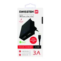 Swissten USB Oplader met 2 USB poorten - 15W - Inclusief MFI gecertificeerde 1.2M Lightning naar USB-kabel - Geschikt voor iPhone 7/8/X/11/12/13/14 - Zwart