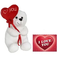 Gerimport Pluche knuffelbeer met I Love hartje - wit/rood - 20 cm - inc. wenskaart - Knuffelberen