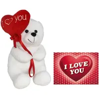 Gerimport Pluche knuffelbeer met I Love hartje - wit/rood - 30 cm - inc. wenskaart - Knuffelberen