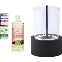 Fancy flames Bioethanol sfeerhaard zwart rond glas 27x16cm met decoratiestenen + 1 liter KieselGreen Bioethanol premium Rozengeur