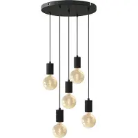 Calex Retro Plafondlamp - 5x E27 - Hanglamp Industrieel - Ø50cm Pendellamp Rond - Zwart