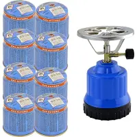 Synx Tools Eco Gaskooktoestel kunststof met 8 gaspatroon 190g campingkooktoestel, 1 gas pit, aluminium branders + 8 x cartridges gasfles butaan-set