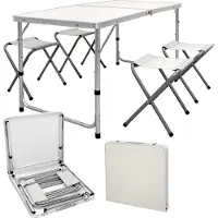 Ydemanne Campingtafel Inklapbaar met 4 Krukjes - 120 x 60 CM - In Hoogte Verstelbaar - Incl. handvat