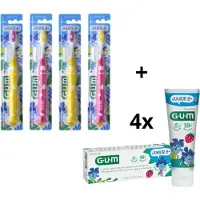 Sunstar-Gum GUM Junior 6+ Voordeelpakket - 4x Tandpasta 50 ml + 4x Tandenborstel (roze/geel)