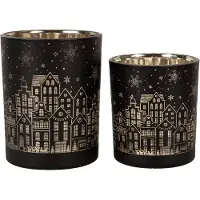Clayre & Eef Theelichthouder Set van 2 Ø 9x10 / Ø 10x12 cm Zwart Glas Huizen