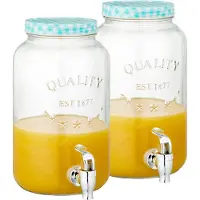 Cepewa Set van 2x stuks glazen drankdispensers/limonadetap met blauw/wit geblokte dop 3,5 liter - Tapkraantje