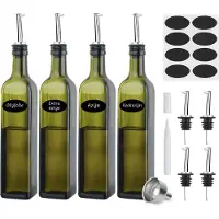 Five Stars Olieflessen - 4 Delige Set - 500ML - Groen - Met RVS Schenktuit, Trechter, Stickers & Stift - Oliefles Glas - Olie- en Azijnstel - Glazen Oliefles - Olijfolie Fles - Kan
