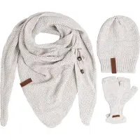 Knit Factory 3-delige Dames Winterset - Coco Omslagdoek - Coco Muts - Cleo Vingerloze Handschoenen - Set met sjaal, beanie en handschoenen voor dames - Beige