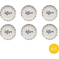 Clayre & Eef Ontbijtbord set van 6 stuks Ø 20 cm Wit Blauw Porselein Vissen Bord